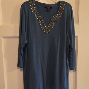 Blue Embellished V-Neck Top